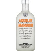 Clear glass bottle of Absolut Mandrin Vodka, 70cl, with orange text and silver cap.