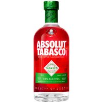 Absolut Tabasco Vodka 70cl bottle, red liquid, green cap, white logo, and Tabasco label on front.
