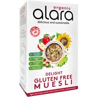 Alara Organic Gluten Free Muesli 250g box with sunflower, apple, and oat images, labeled "delicious and sustainable."
