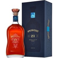 Appleton Estate 21 Year Rum 70cl in a curved glass bottle with a wooden cap, next to a blue branded box.