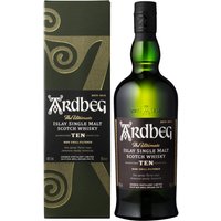 Ardbeg 10 Years Whisky 70cl bottle with dark green glass and black label, accompanied by a matching decorative gift box.