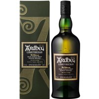 Ardbeg Corryvreckan Whisky 70cl bottle with black label and green-tinted glass, next to a green box with gold swirls.