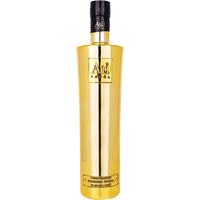 Gold bottle of Au Vodka 70cl with black cap and embossed logo on the front.