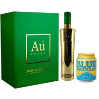 Gold Au Vodka bottle and Blue Hawaii cocktail can with green gift box, Green Watermelon Flavour.