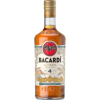 Bacardi Anejo 4 Year Rum 70cl bottle with gold cap, red bat logo, and decorative label with palm motifs.