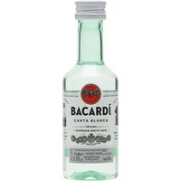 Bacardi Carta Blanca Rum 5cl miniature bottle with white label, red bat logo, and silver cap.