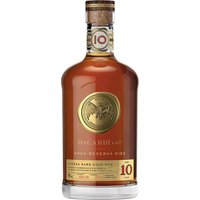 Bacardi Gran Reserva Diez 10 Year Rum 70cl bottle with amber liquid, gold label, and embossed bat logo.