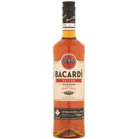 Bacardi Spiced Rum Spirit 70cl bottle with black cap, red and white label featuring Bacardi bat logo.