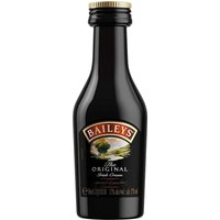 Baileys Original Liqueur 5cl miniature bottle, black with gold cap and cream label featuring logo and landscape image.
