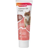 Beaphar Salmon Oil Paste for Cats, 100g tube, pink label with cat image, Omega 3&6, supports coat health.