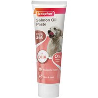 Beaphar Salmon Oil Paste for Dogs, 100g tube, white and pink with dog image and DHA label.