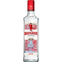 Clear glass bottle of Beefeater Gin 70cl with red cap, featuring a red and white label with a Beefeater guard illustration.