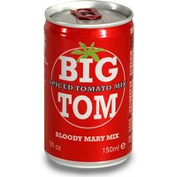 Red can of Big Tom Spiced Tomato Mix, 150ml, with green tomato graphic and white text.