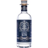 Clear glass bottle of Boatyard Double Gin 70cl with blue label and silver cap, featuring ornate design and logo.