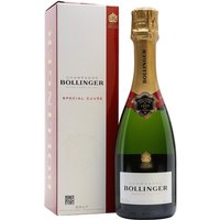 Bollinger Special Cuvee NV Champagne half bottle with gold foil, black label, next to branded white and red box.