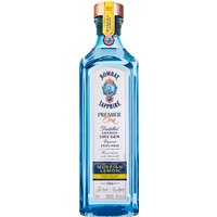Blue glass bottle of Bombay Sapphire Premier Cru Murcian Lemon Gin, 70cl, with gold and blue label detailing.