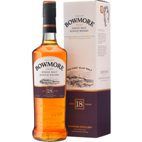 Bowmore 18 Year Whisky 70cl bottle with purple label, gold accents, next to white and purple box.