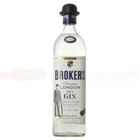 Clear glass bottle of Broker's London Dry Gin 70cl with black bowler hat cap and vintage-style label.