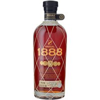Brugal 1888 Double Aged Rum bottle, 70cl, with gold lettering and diamond-patterned netting, dark amber liquid.