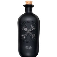 Black matte Bumbu XO Rum bottle with embossed crossbones logo and cork stopper, 70cl.