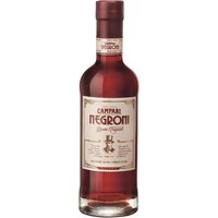 Campari Negroni 50cl bottle, red liquid, classic label with gold accents, and a dark red cap.
