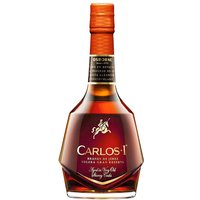 Carlos I Solera Gran Reserva Brandy, 70cl bottle, amber liquid, red label with gold text, and a gold-capped neck.