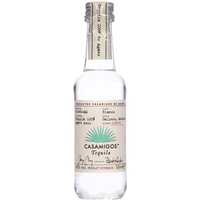 Clear glass bottle of Casamigos Blanco Tequila 5cl with beige label and turquoise logo.