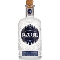 Clear glass bottle of Cazcabel Blanco Tequila 70cl with cork top and blue label featuring silver accents.