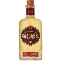 Cazcabel Reposado Tequila 70cl bottle with cork top, embossed glass, and red label featuring gold accents.
