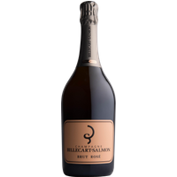Champagne Billecart-Salmon Rosé Brut with dark bottle, pink label, and elegant black foil on the neck.