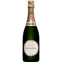Green bottle of Laurent Perrier La Cuvée Champagne, gold foil top, white label with black and gold text.