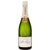 Champagne Pol Roger Reserve Brut in green bottle with gold foil, white label, and embossed crest.