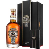 Chivas Regal 25 Year Whisky 70cl, in a clear bottle with gold label, beside an elegant black box with gold accents.