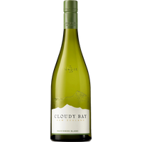 Green bottle of Cloudy Bay Sauvignon Blanc 2024 with white label and mountain design.