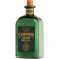 Green bottle of Copperhead The Gibson Edition Gin with cork top and gold label detailing.