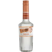 Clear glass bottle of De Kuyper Triple Sec Orange Liqueur, 50cl, with orange label and copper cap.