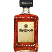 Disaronno Liqueur 50cl bottle with amber liquid, square shape, black cap, and ornate label featuring gold accents.
