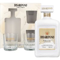 Disaronno Velvet Cream Liqueur 70cl in white bottle with gold label, includes two branded glasses in gift pack.