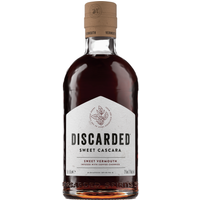Brown glass bottle of Discarded Sweet Cascara Vermouth with tan cap and white label.