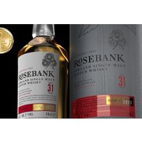 Rosebank 31-year-old single malt Scotch whisky bottle with gold cap, detailed label, and embossed rose design.