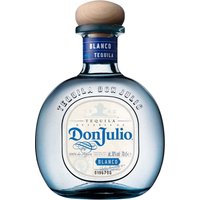 Clear glass bottle of Don Julio Blanco Silver Tequila, 70cl, with blue label and wooden cap.