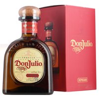 Brown glass bottle of Don Julio Reposado Tequila with a wooden cap, next to a red branded box.