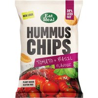 Eat Real Hummus Chips bag, Tomato & Basil flavor, with tomatoes and basil images, 30% less fat label.