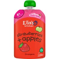 Red Ella's Kitchen puree pouch with green cap, strawberries and apple graphics, labeled "strawberries + apples."