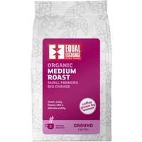 White bag of Equal Exchange Organic Medium Roast Ground Coffee with purple label, 200g.