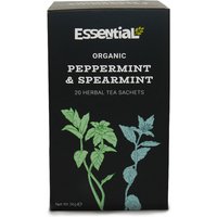 Black box of Essential Trading Organic Peppermint & Spearmint Herbal Tea with mint leaf illustrations, 20 bags.