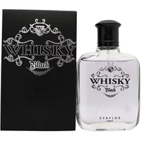 Clear glass bottle of Evaflor Whisky Black Eau De Toilette, black cap, ornate black box with silver detailing.