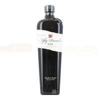 Tall black bottle of Fifty Pounds Gin with a white label and silver cap, featuring a red crest logo.