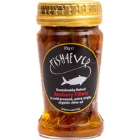Fish 4 Ever Anchovy Fillet in Oil, 95g jar with gold lid, featuring a fish logo and text on a dark label.