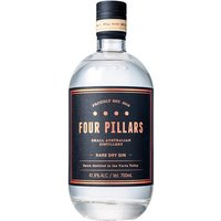 Clear glass bottle of Four Pillars Rare Dry Gin, 70cl, with black label and copper accents, black cap with gold band.